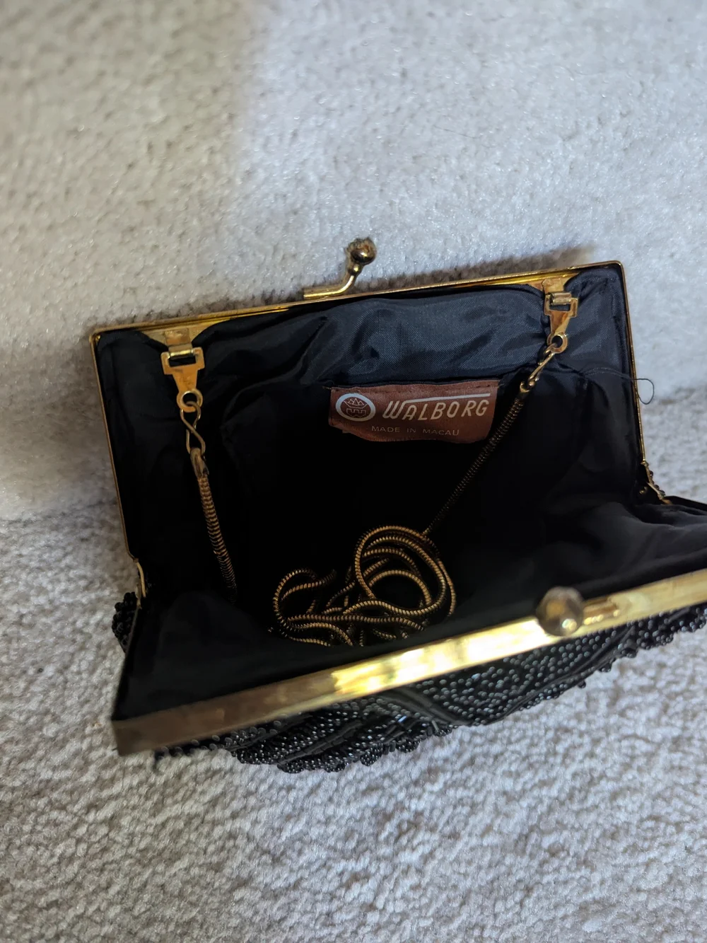 Vintage Walborg Black Beaded Shell Clutch Fan Shaped Handbag